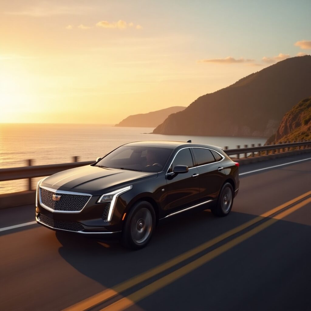 Generate an image of the Cadillac Celestiq cruising effortlessly on a scenic coastal highway at sunset, emphasizing its smooth ride and luxury appeal. This will highlight its driving experience in the "Cadillac Celestiq vs Rolls-Royce" comparison.)