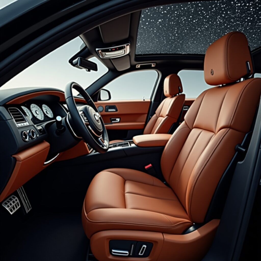 Generate an image of the Rolls-Royce Spectre's opulent interior, focusing on the Starlight Headliner, fine leather, and wood craftsmanship. The image should evoke a sense of timeless luxury relevant to the "Cadillac Celestiq vs Rolls-Royce" theme.)