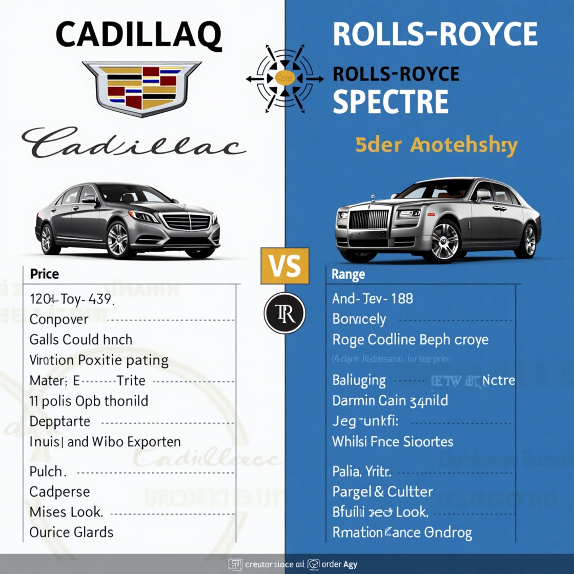  Generate an infographic comparing key specs of the Cadillac Celestiq and Rolls-Royce Spectre, such as price, range, power, and a unique luxury feature for each, using brand colors if possible. Ensure the title "Cadillac Celestiq vs Rolls-Royce: Spec Showdown" is prominent.)
