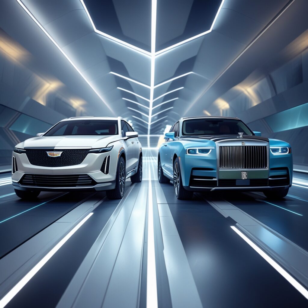  Generate an image of the Cadillac Celestiq and a Rolls-Royce Spectre facing off on a futuristic, stylized road, emphasizing their distinct design languages. The image should convey a sense of epic confrontation for the "Cadillac Celestiq vs Rolls-Royce" theme.)