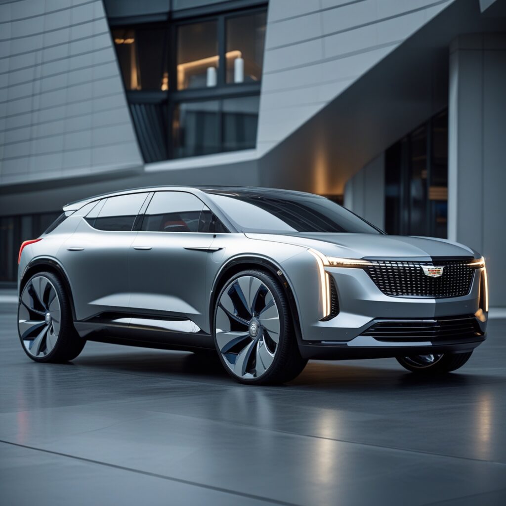 Generate an image showcasing the sleek, futuristic exterior of the Cadillac Celestiq, highlighting its smooth lines, massive wheels, and unique lighting signature. The backdrop should be a modern architectural setting to complement the "Cadillac Celestiq vs Rolls-Royce" luxury theme