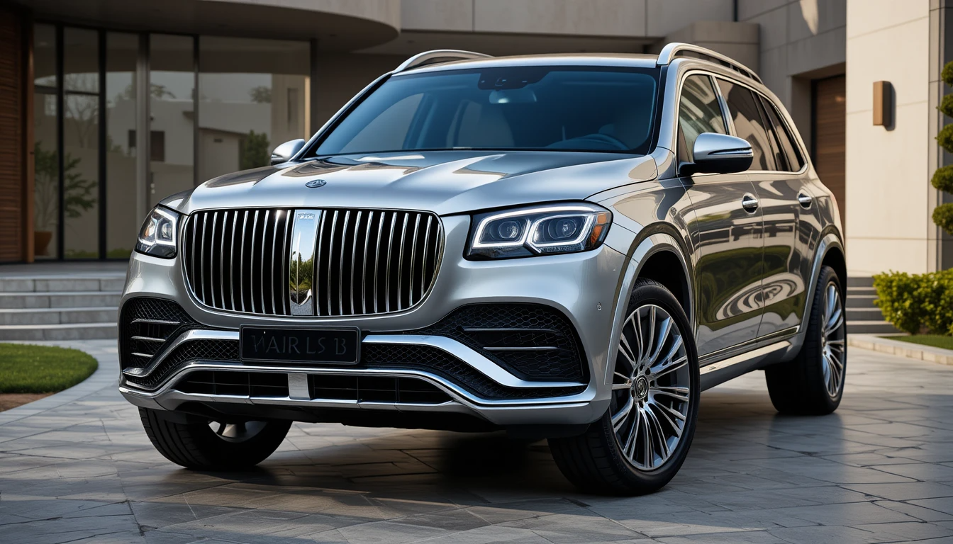 Front three-quarter view of the 2025 Mercedes-Maybach GLS600 SUV with two-tone silver and black paint, featuring a bold chrome grille, distinctive D-pillar Maybach badging, and upscale design details.